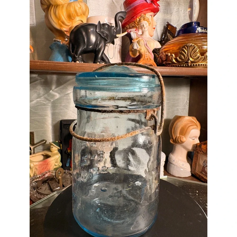 Vintage Atlas E-Z Seal Aqua Blue Glass Canning Jar with Lid and Wire Bail